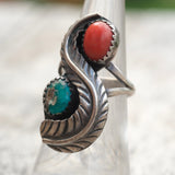 Vintage Sterling Turquoise and Coral Feather Ring 5.75