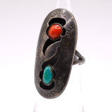 Vintage Sterling Turquoise and Coral Shadowbox Ring 3.75