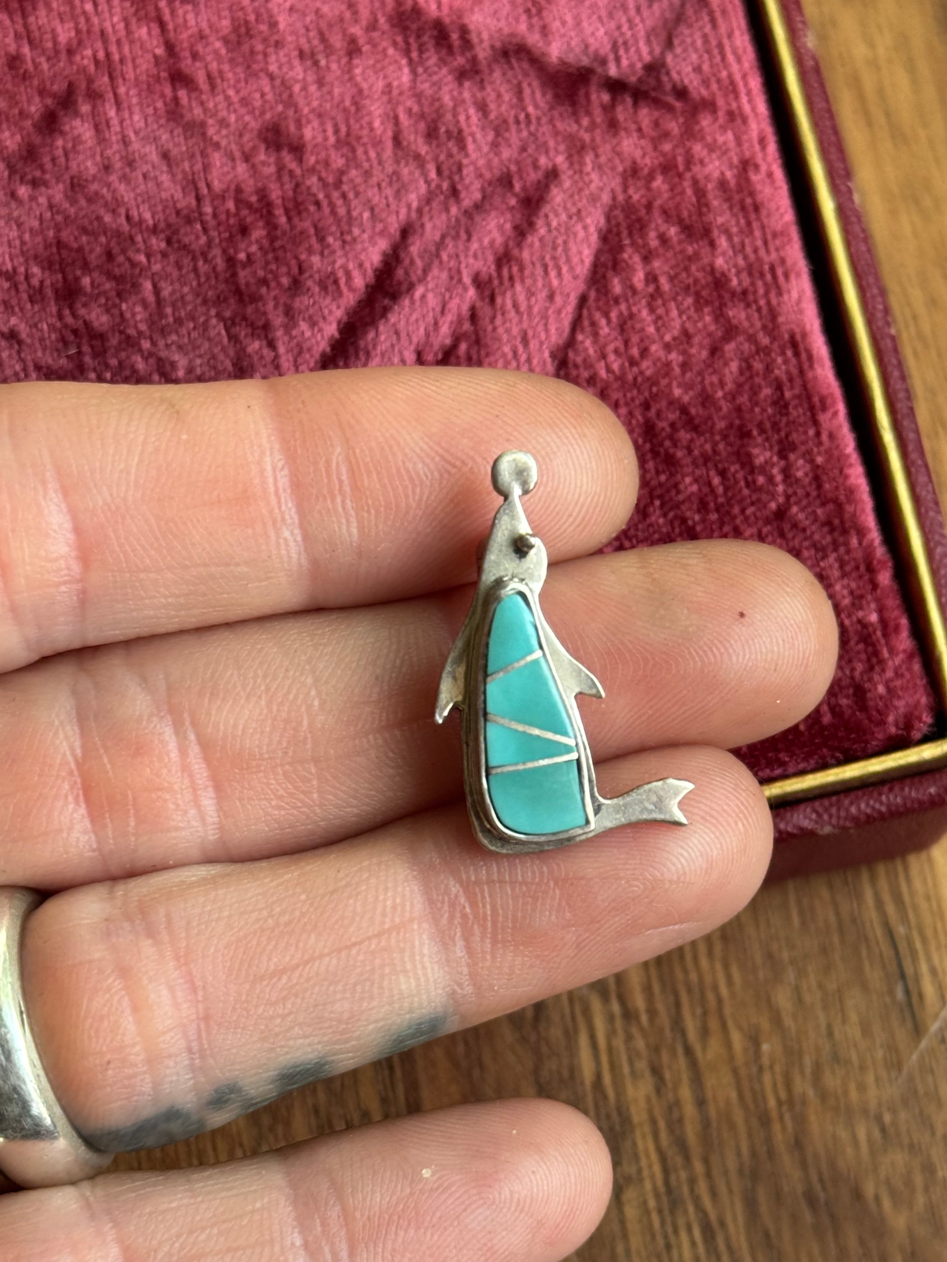 Vintage Sterling Silver Turquoise Inlay Seal Pin