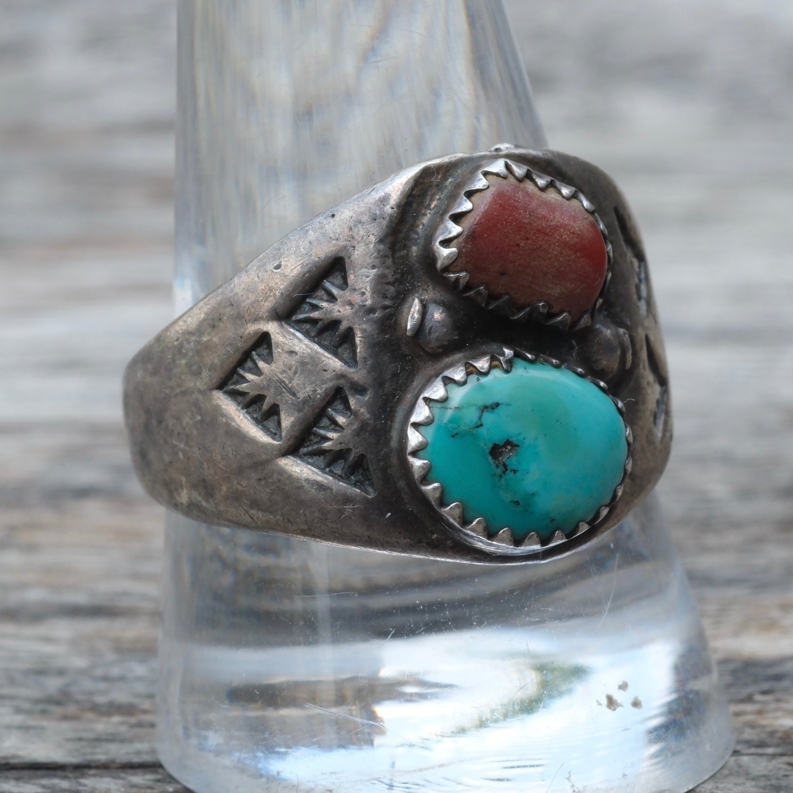Vintage Sterling Turquoise and Coral Ring 11.5