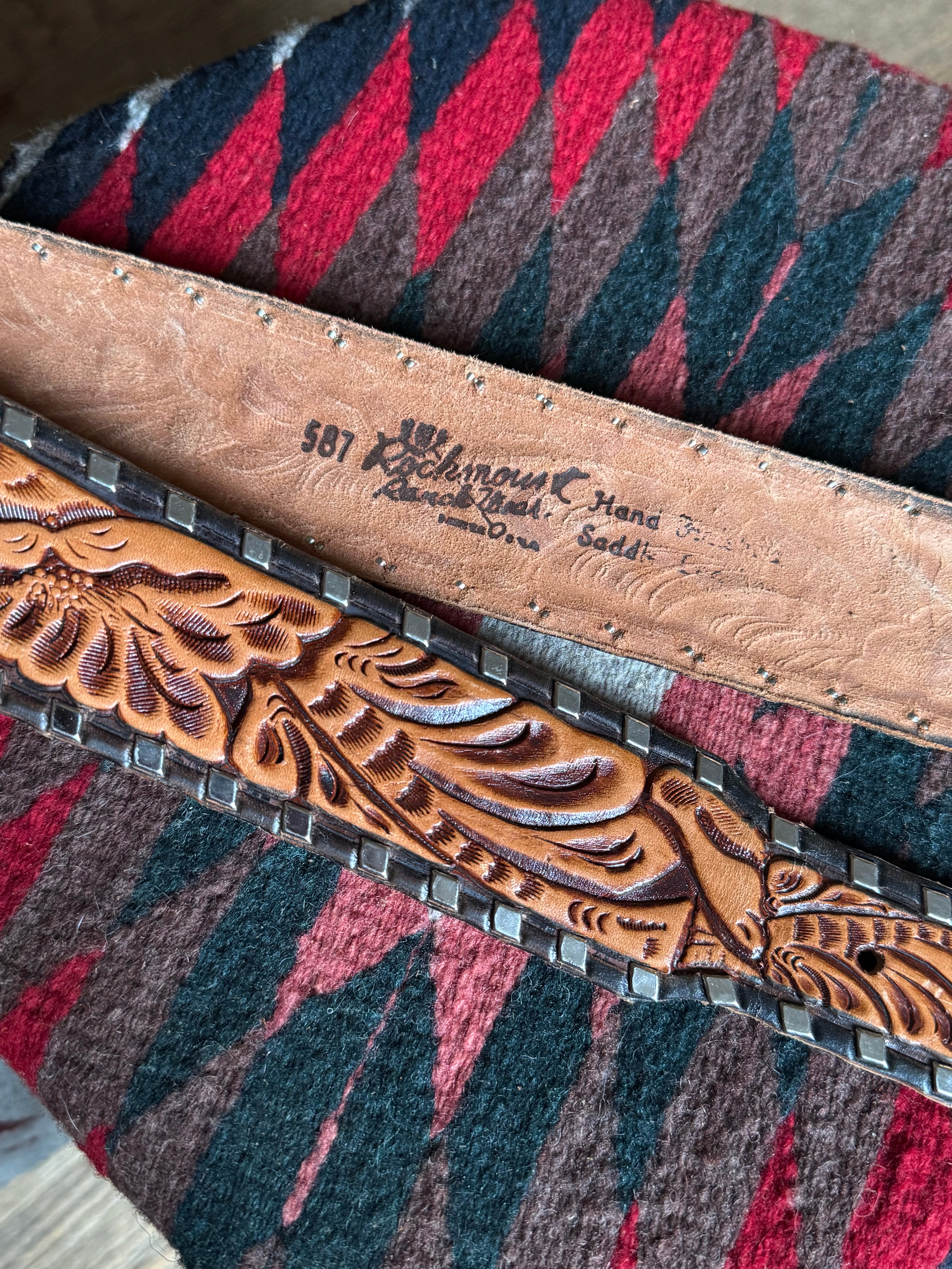 Vintage Hand Tooled Rockmount Ranch Brown Leather ‘GIL’ Studded Belt