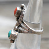Vintage Sterling Turquoise and Coral Feather Ring 5.25