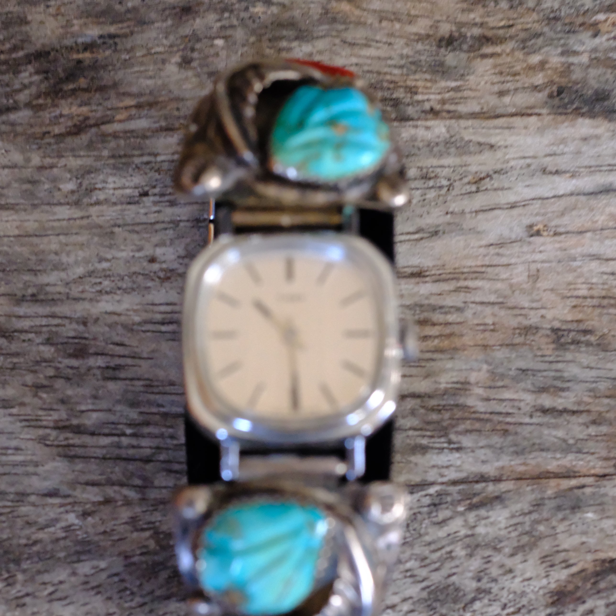 Vintage Sterling Faceted Turquoise and Coral Feather Watch