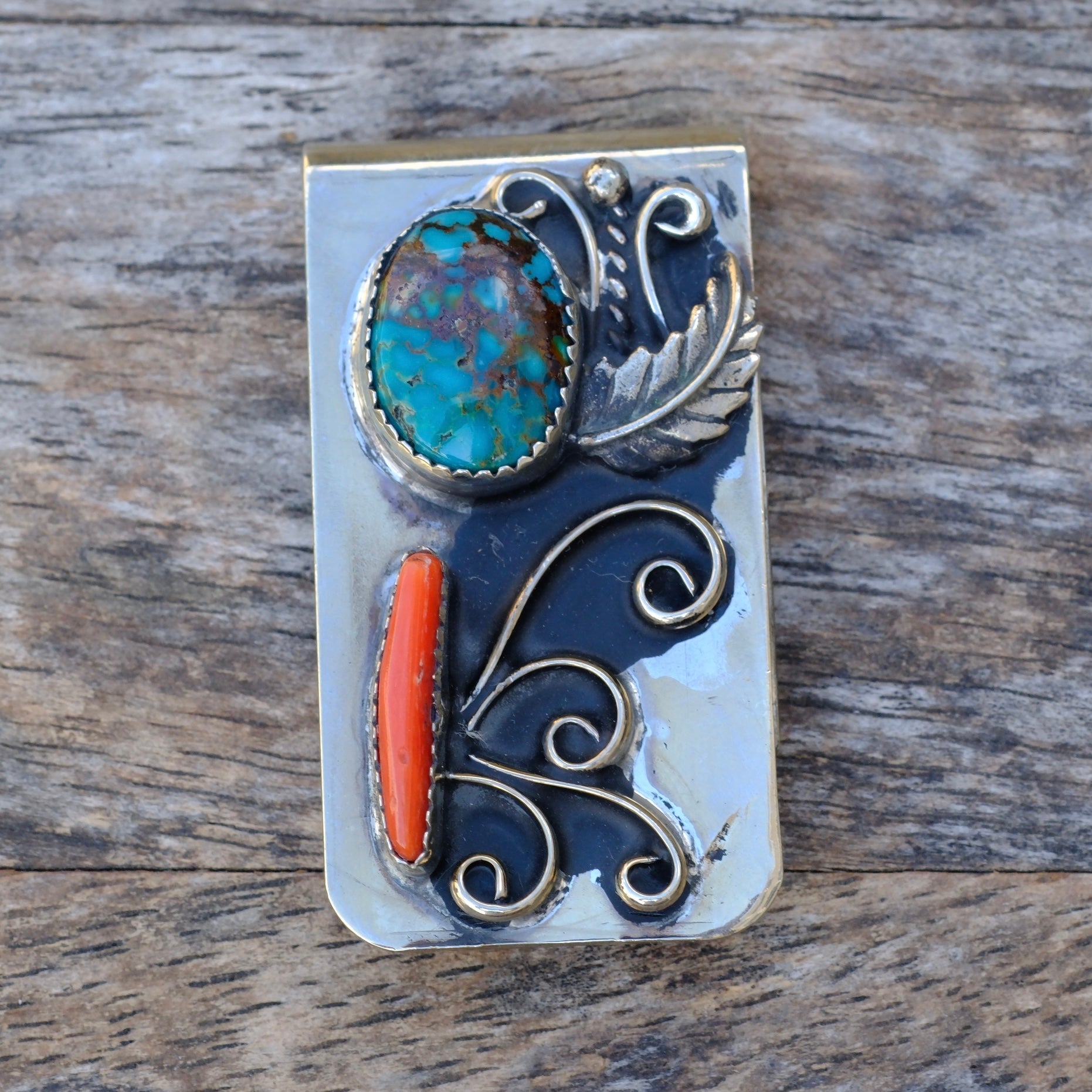Vintage Turquoise and Coral Feather Money Clip