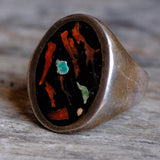 Vintage Sterling Turquoise and Coral Inlay Chip Ring 10.25
