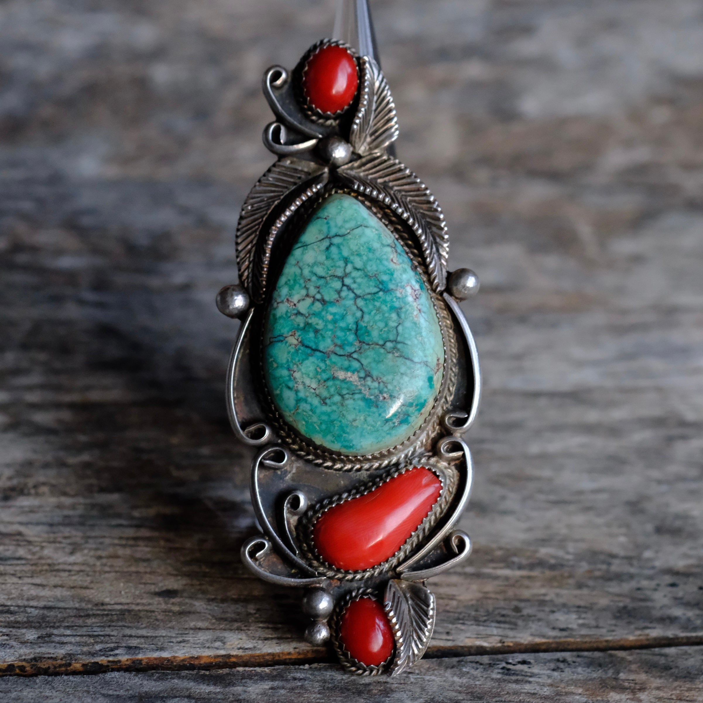 MASSIVE 3" Vintage Sterling Turquoise and Coral Feather Ring 9.5