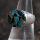 Vintage Sterling Multi Inlay Mosaic Ring 7.75