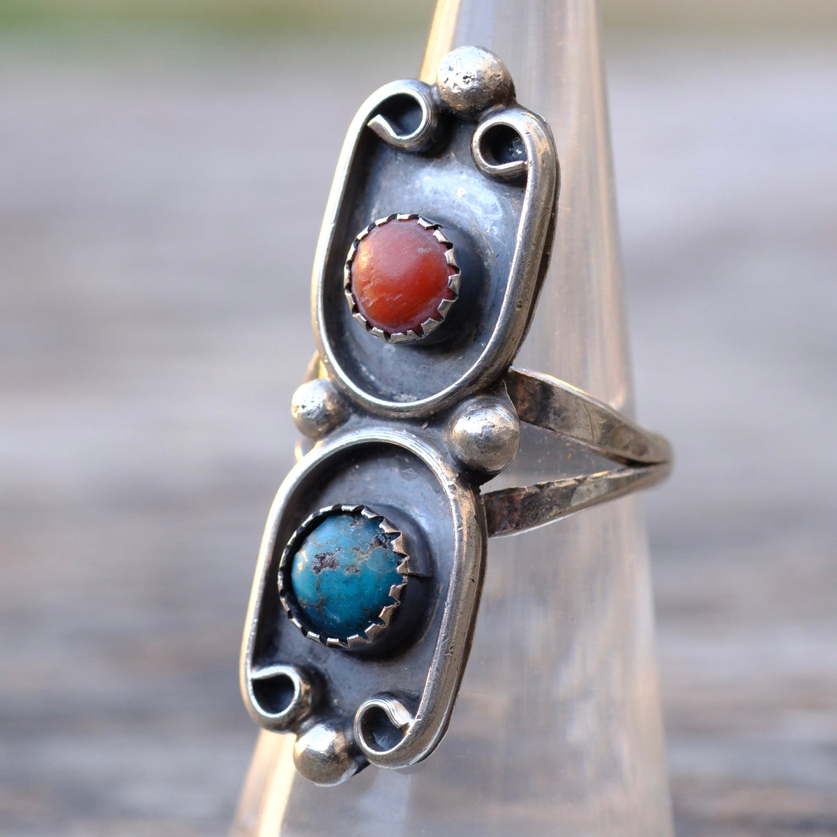 Vintage Sterling Turquoise and Coral Ring 6