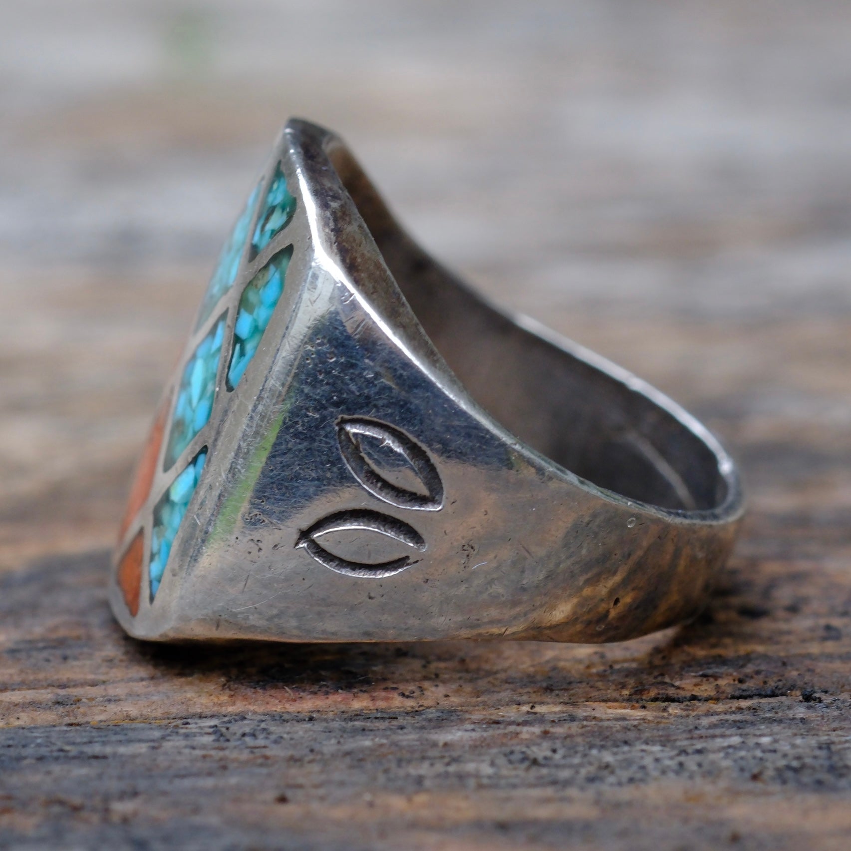 Vintage Sterling Turquoise and Coral Inlay Ring 9
