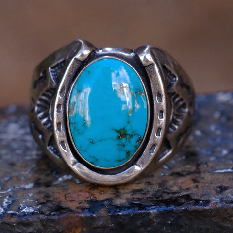Vintage Sterling Turquoise Lucky Horseshoe Ring 9.5