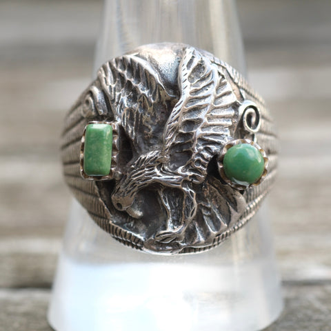 Vintage Sterling Turquoise Eagle Ring 10.5