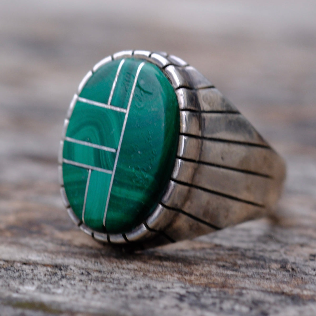 Vintage Sterling Malachite Inlay Ring 8.75