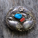 Vintage Sterling Turquoise and Coral Feather Belt Buckle