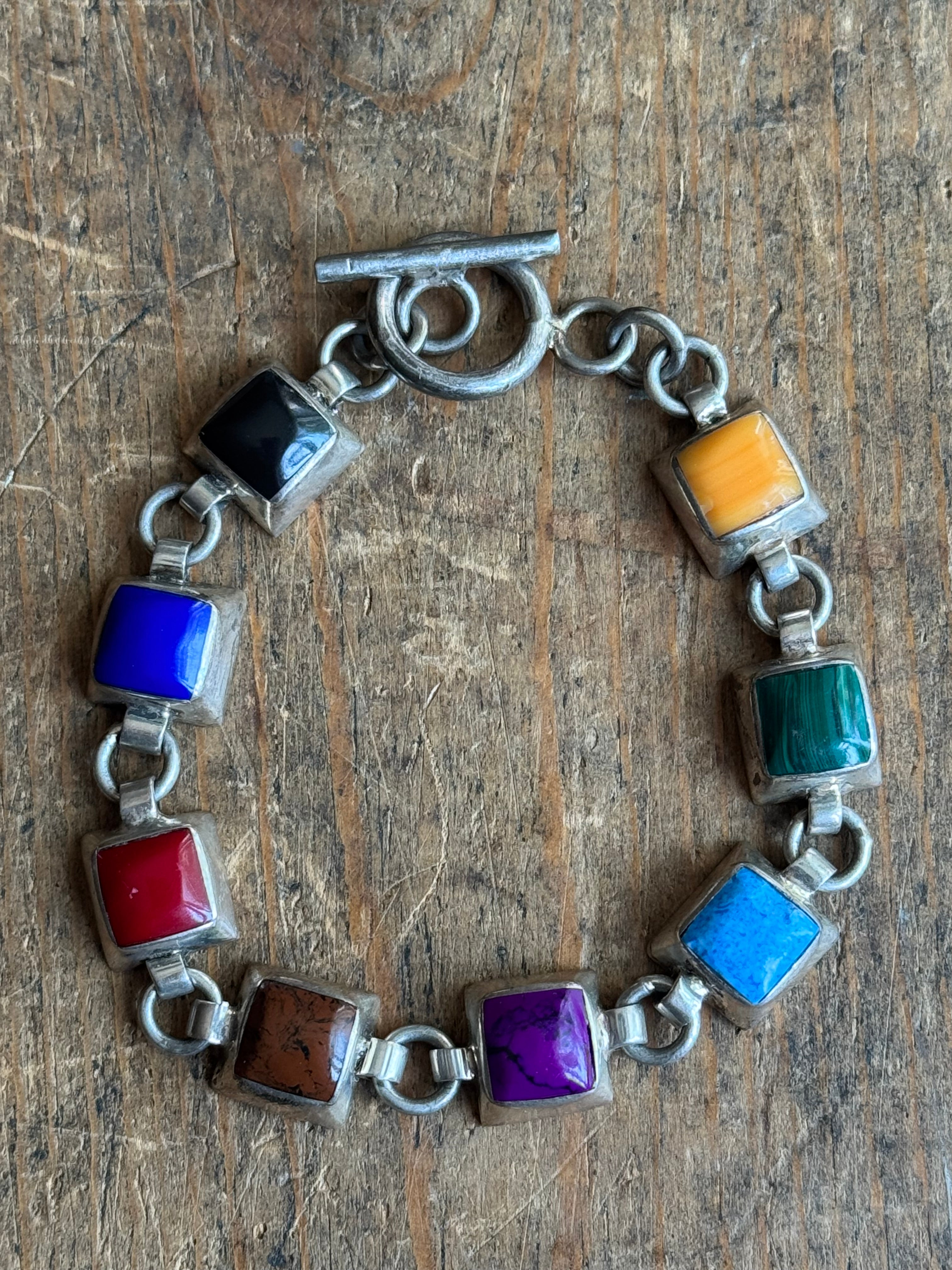 Vintage Sterling Silver 8” Multistone Square Link Toggle Bracelet