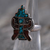 Vintage Sterling Crushed Turquoise and Coral Inlay Kachina Ring 5