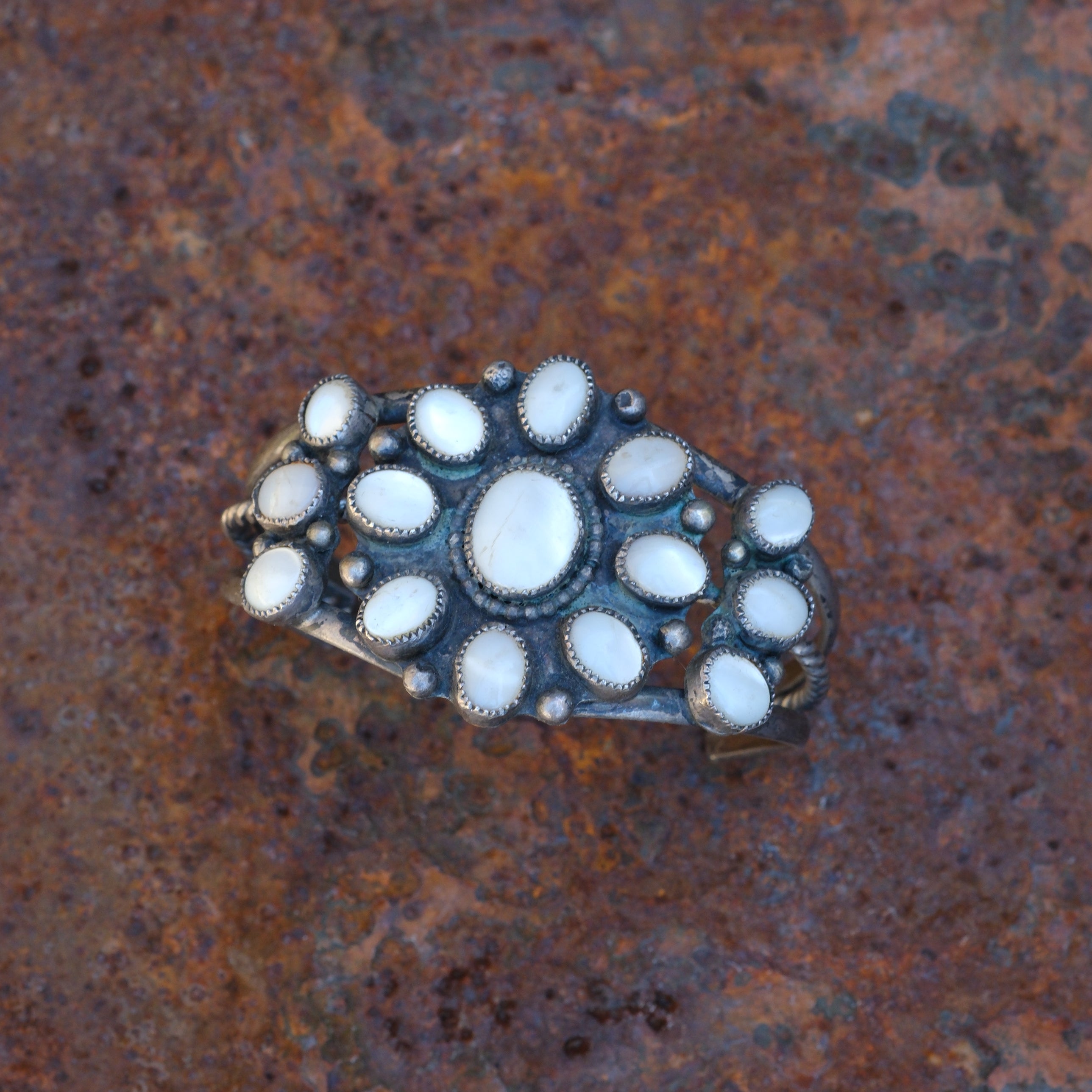 Vintage Sterling Mother Of Pearl Cluster Bracelet