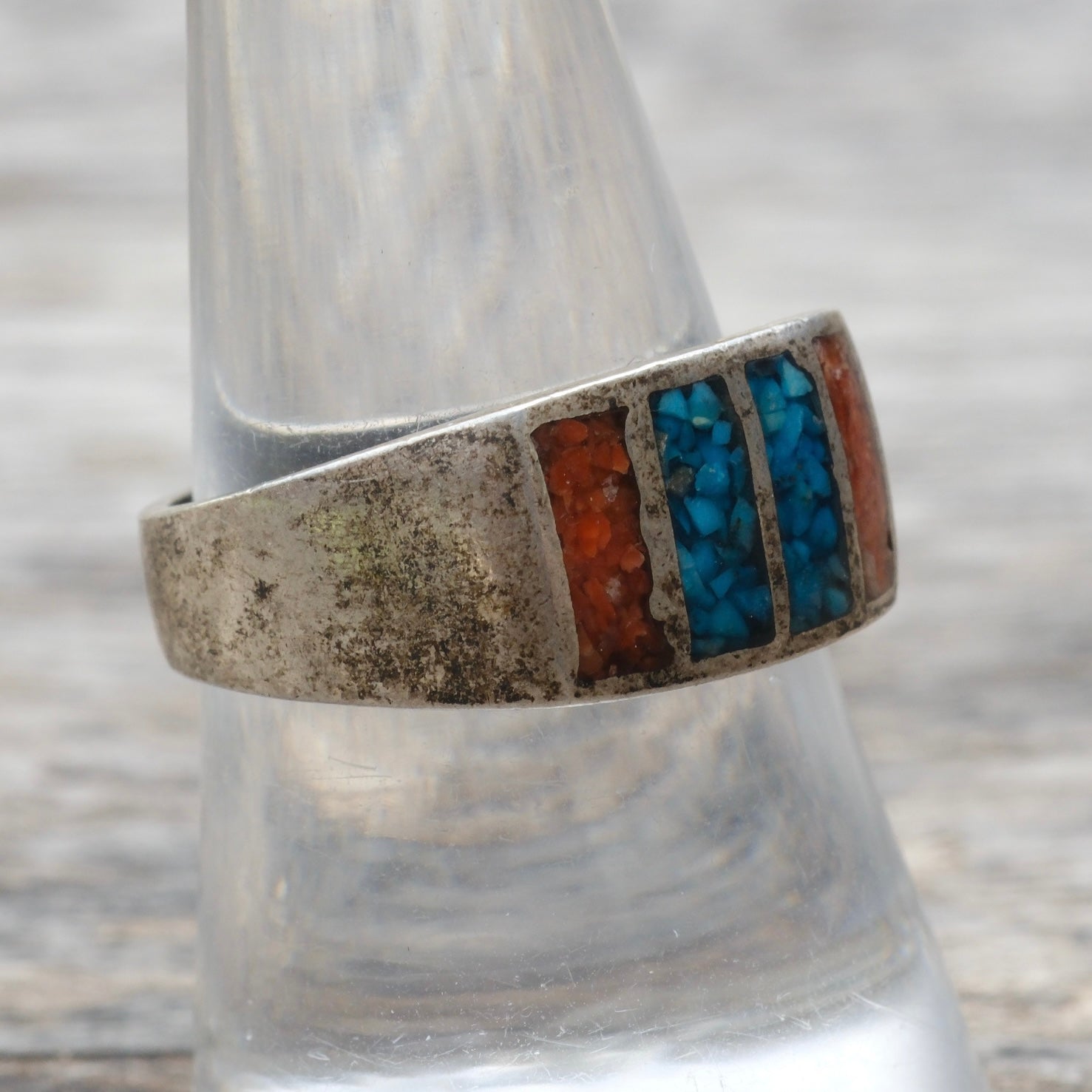 Vintage Sterling Turquoise and Coral Inlay Ring 9