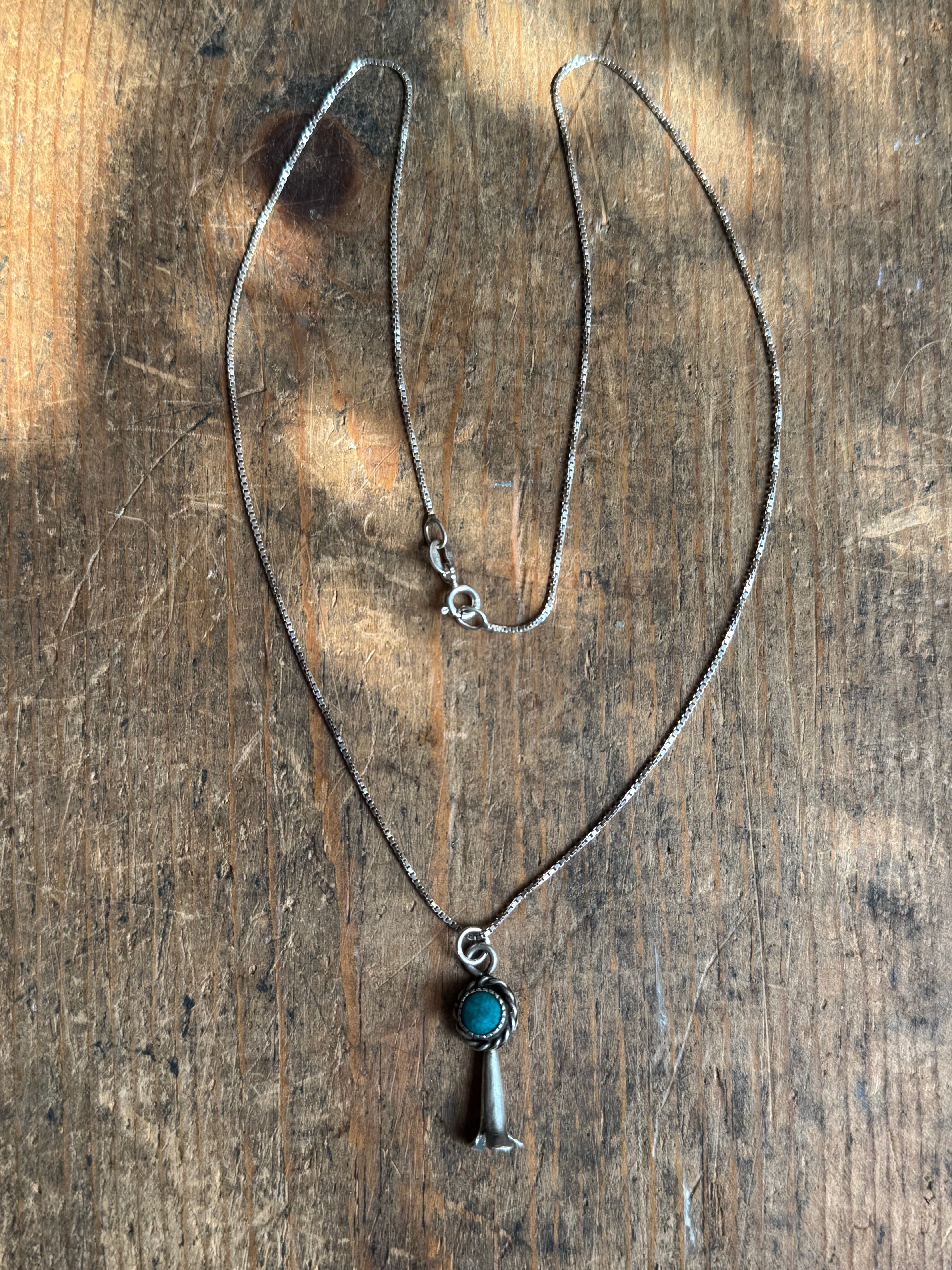 Vintage Sterling Silver Turquoise Squash Bell 18" Necklace