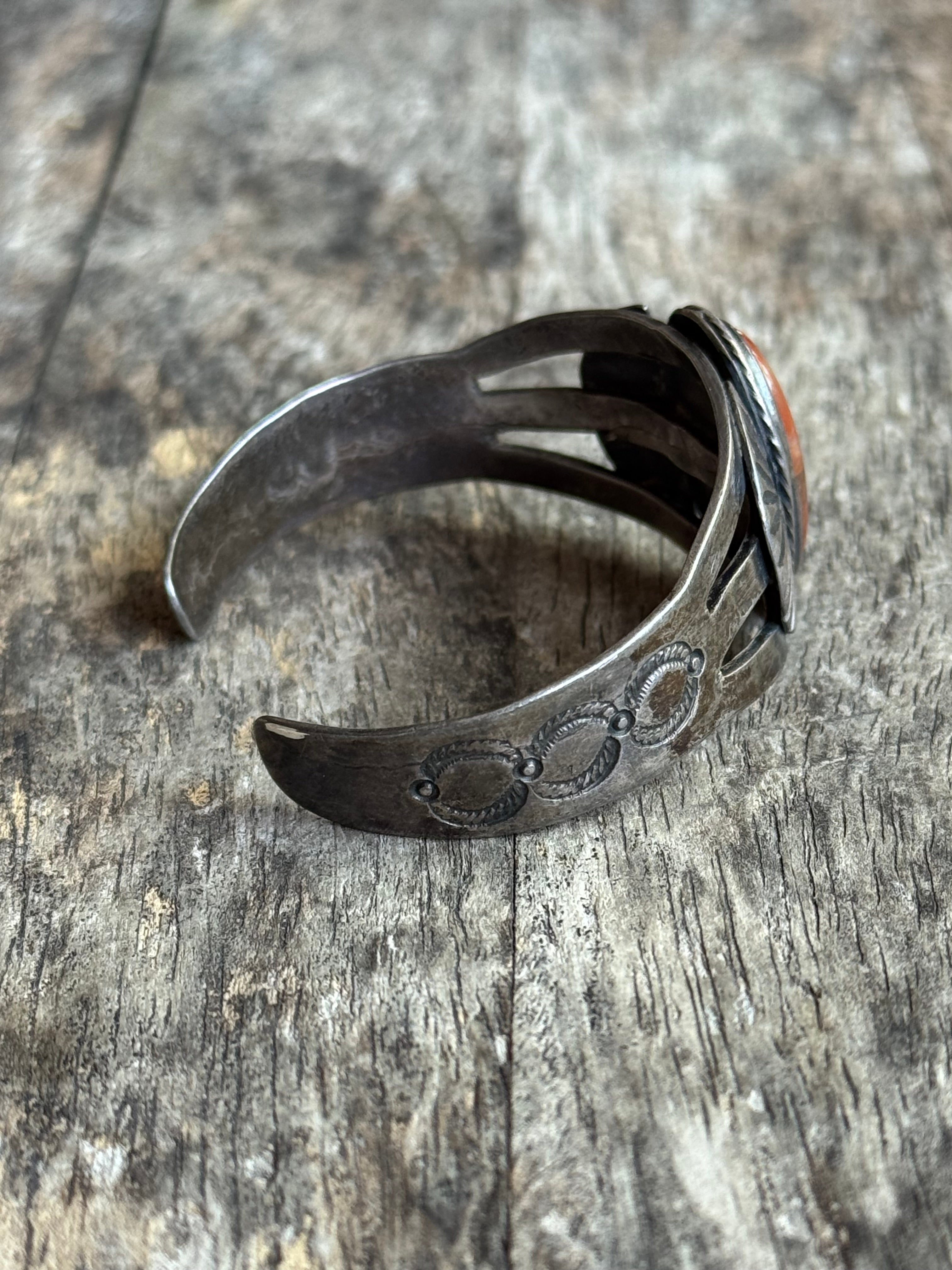 Vintage Sterling Silver Old Pawn Agate Stamped Fan Cuff