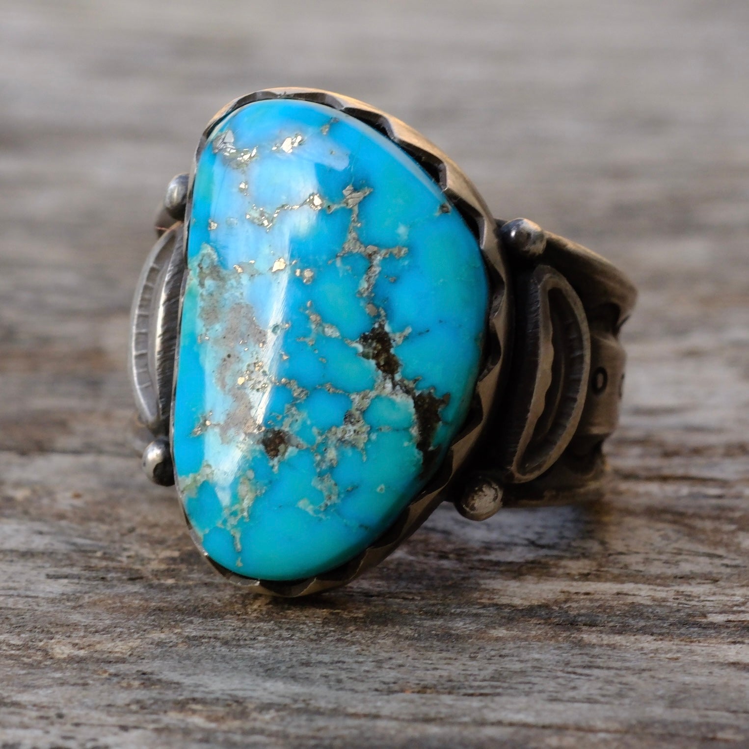 Heavy Ingot Sterling Silver Stamped Band Turquoise Ring 7.75