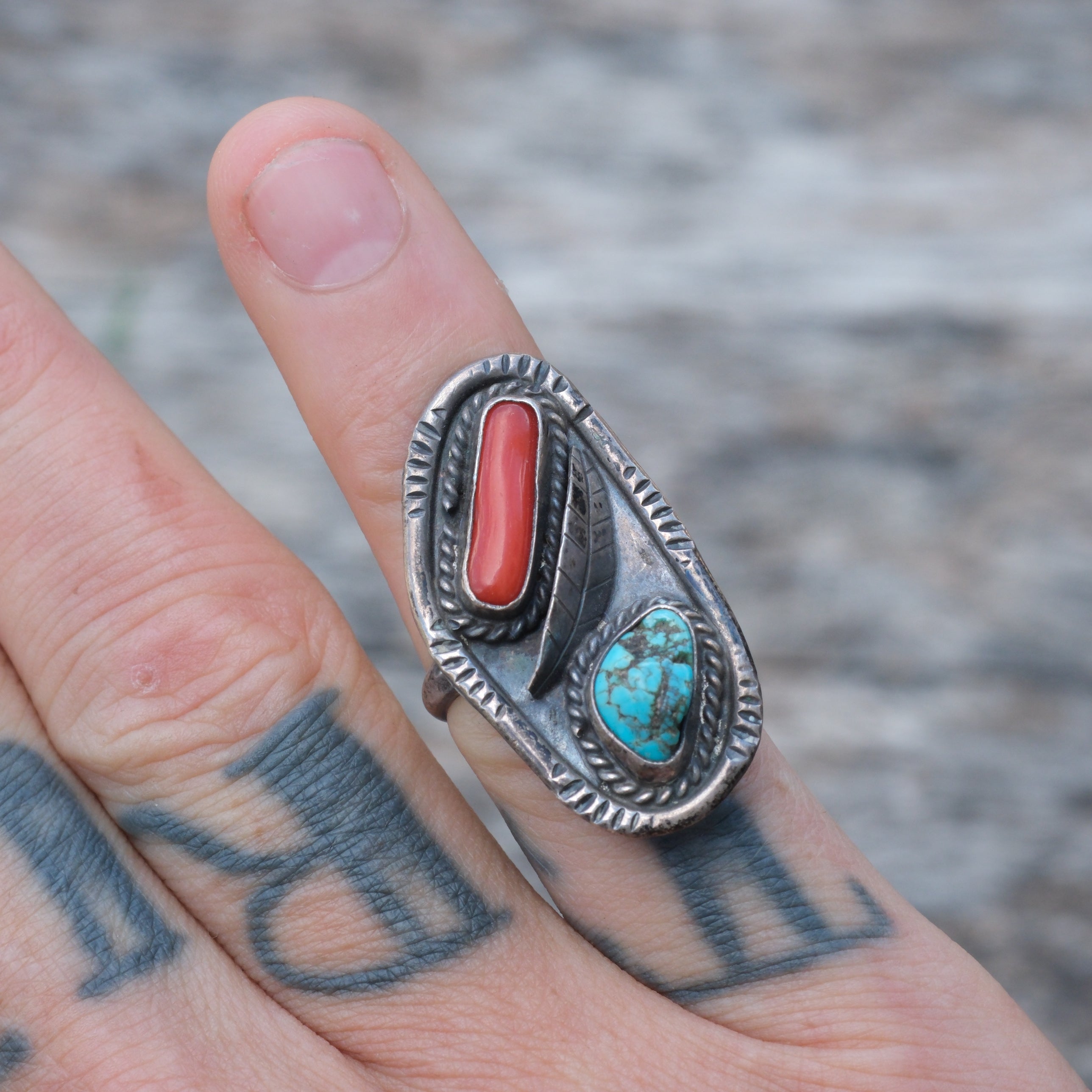 Vintage Sterling Turquoise and Coral Feather Ring 5.75