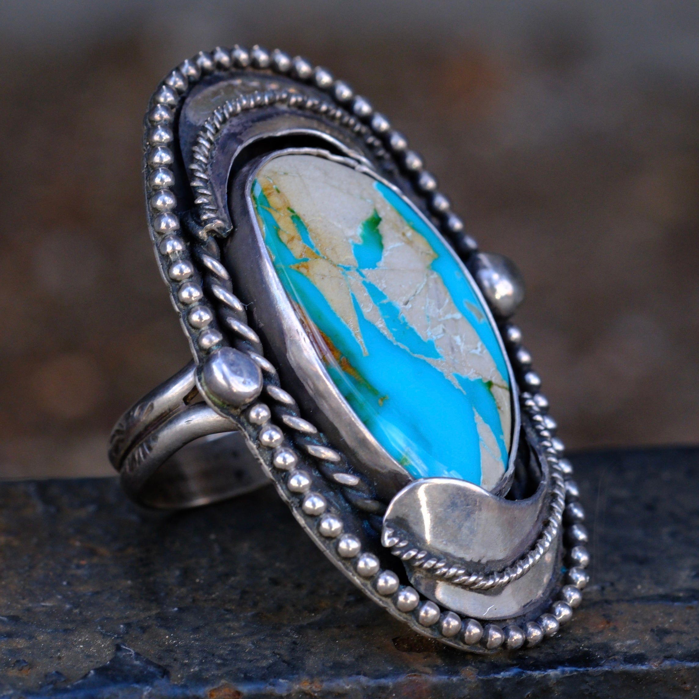 Massive Vintage STerling Turquoise Feather Ring 11.5