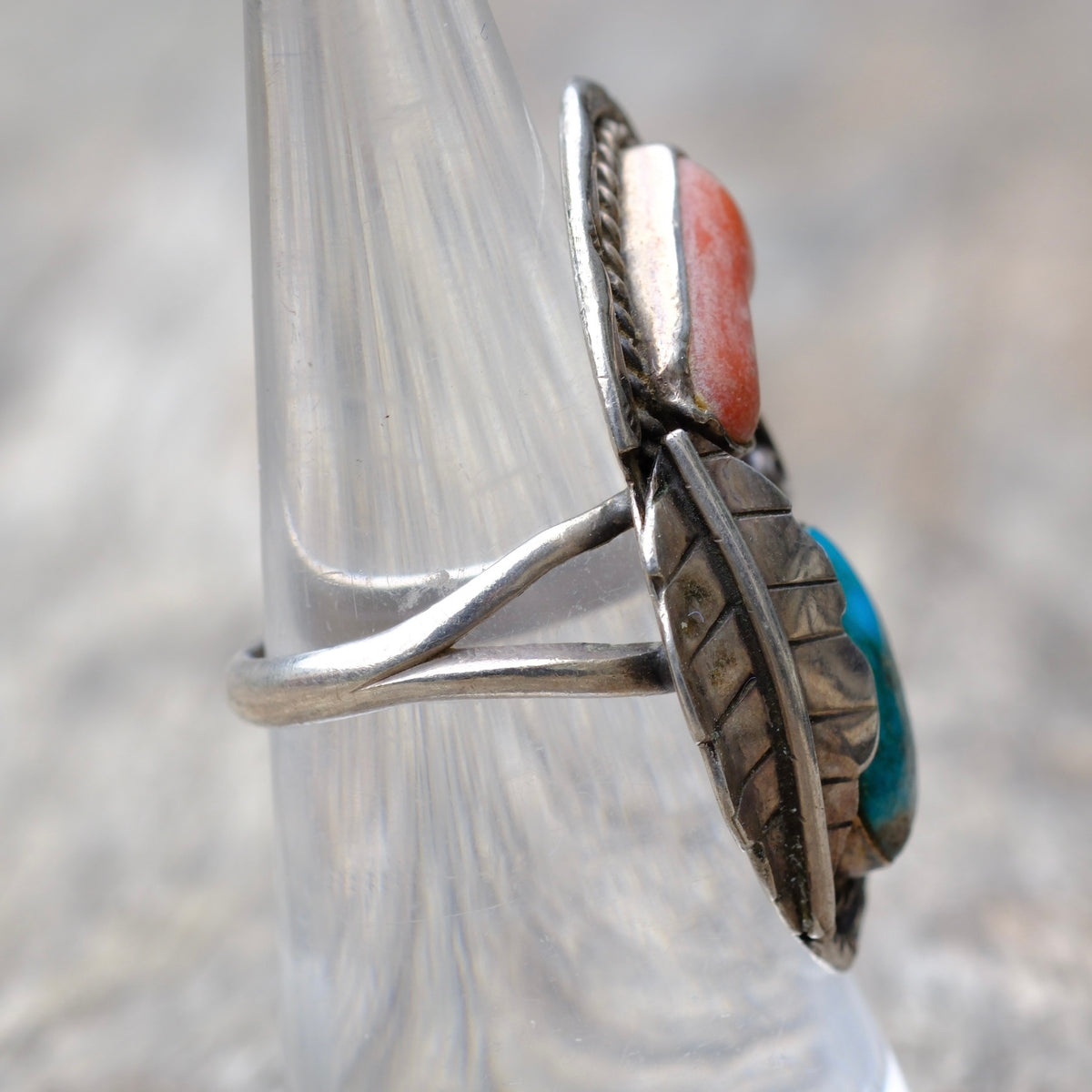 Vintage Sterling Turquoise and Coral Feather Ring 6.5