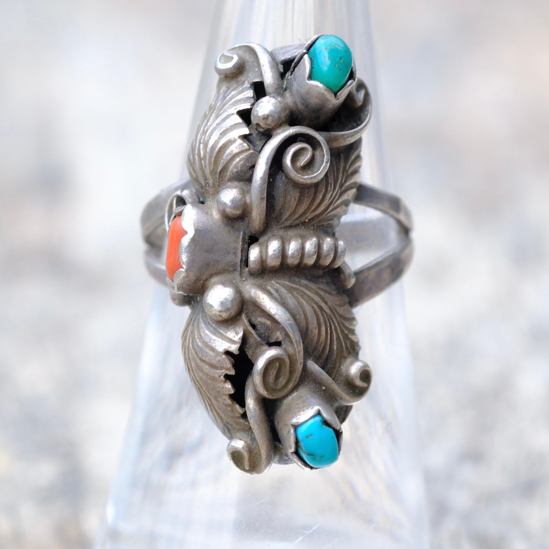 Vintage Sterling Silver Coral & Turquoise Leaf Ring 6.5