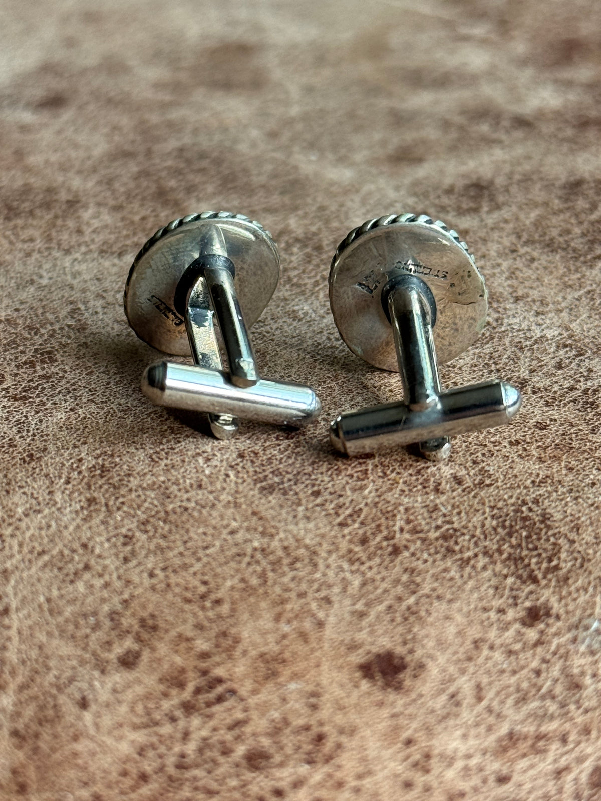 Vintage Sterling Silver Roped Turquoise Cufflinks