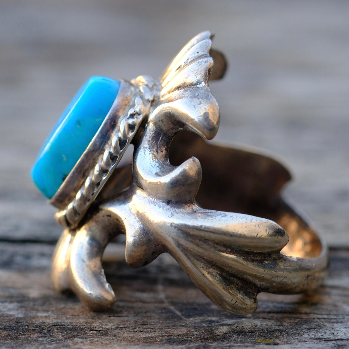 Vintage Sterling Turquoise Sandcast Ring 10.5