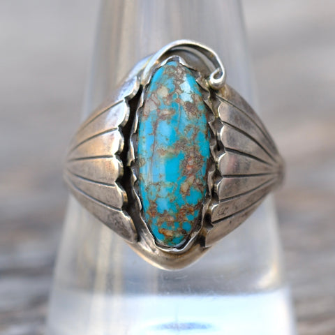 Vintage Sterling Turquoise Ribbed Band Ring 10.5