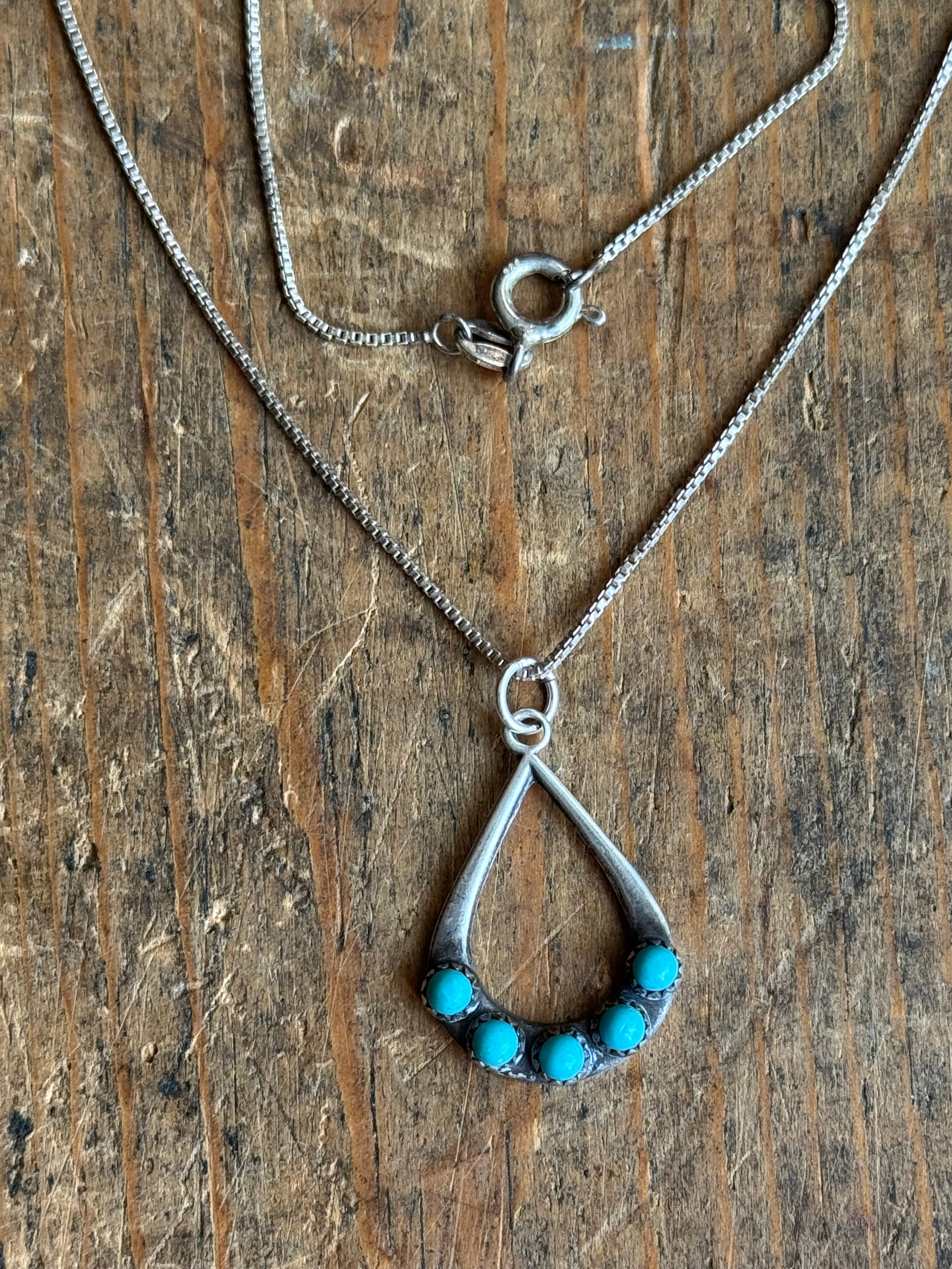 Vintage Sterling Silver Multistone Turquoise Teardrop 16" Necklace