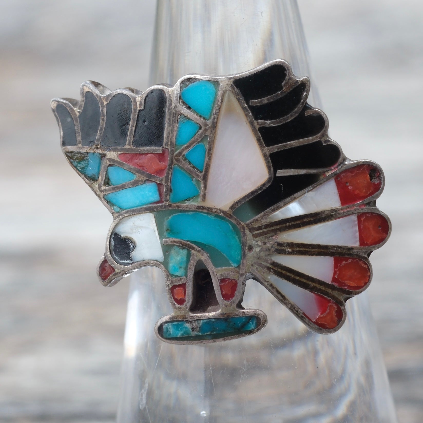 OLDER Vintage Sterling Zuni Inlay Eagle Ring 5.75