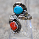 Vintage Sterling Turquoise and Coral Feather Overpass Ring 5.75