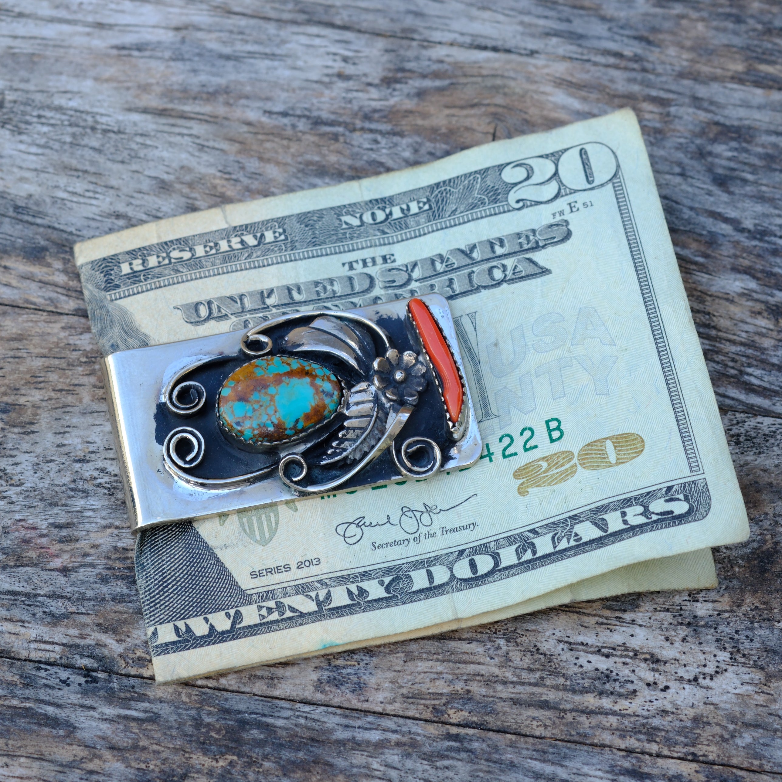 Vintage Turquoise and Coral Feather Money Clip