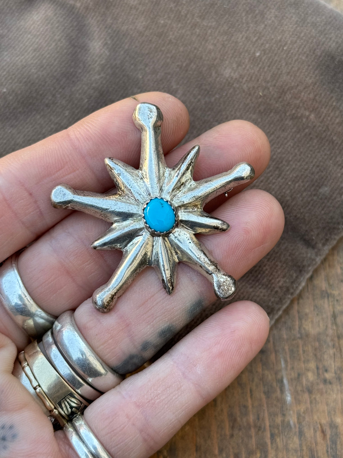 Vintage Sterling Silver Turquoise Sandcast Star Pin