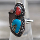 Vintage Sterling Turquoise and Coral Ring 5.75
