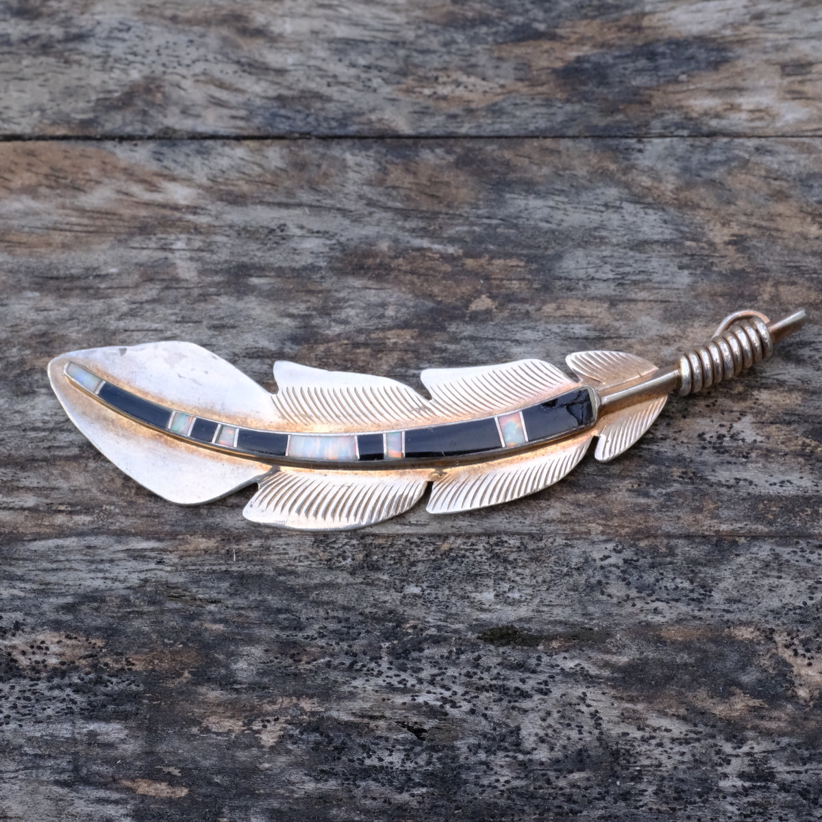 HUGE Vintage Sterling Onyx and Opalite Inlay Feather Pin