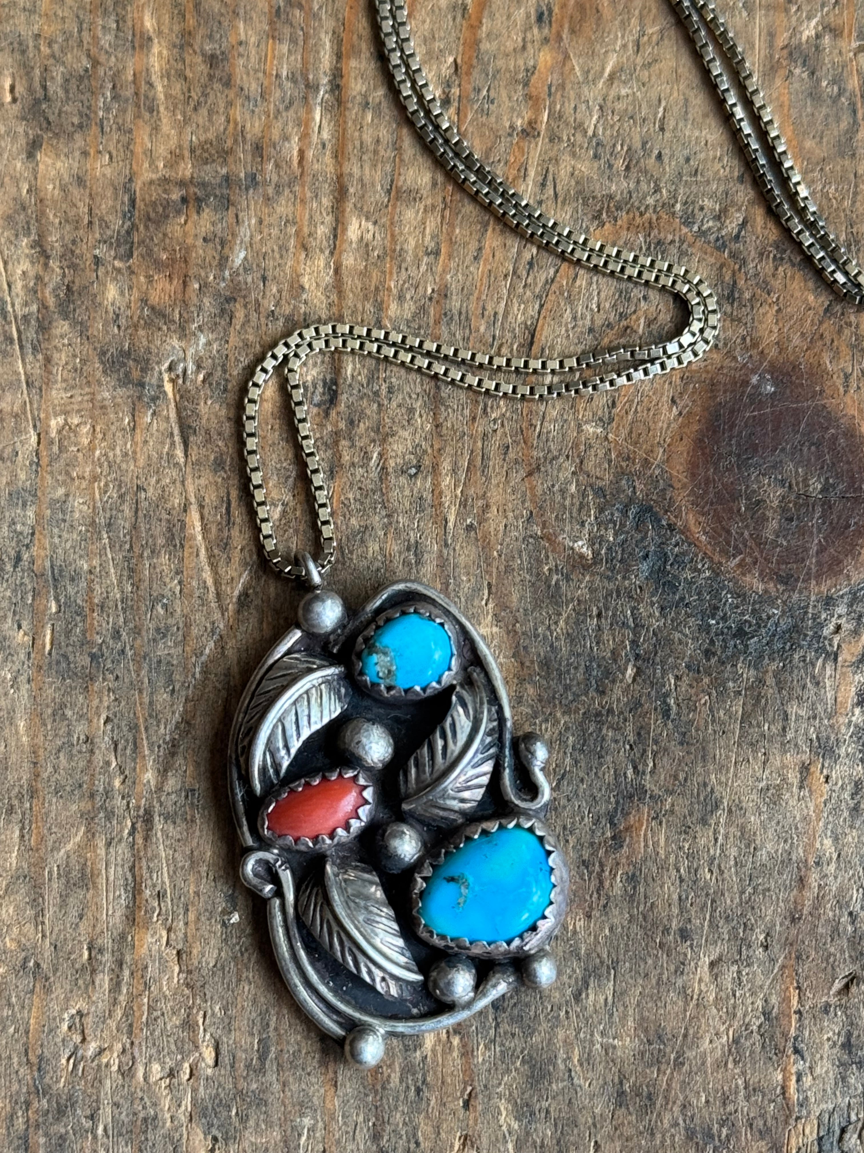 Vintage Sterling Silver Turquoise & Coral Feather Cluster Necklace