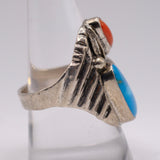 Vintage Sterling Turquoise and Coral Feather Ring 9.75