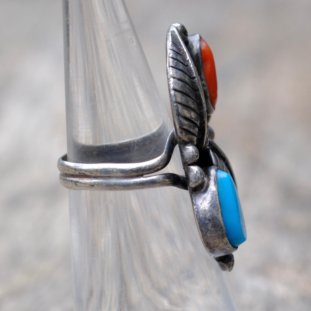 Vintage Sterling Turquoise and Coral Feather Ring 3.75