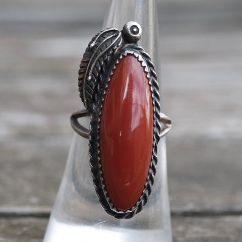 Vintage Sterling Carnelian Feather Ring 6.75