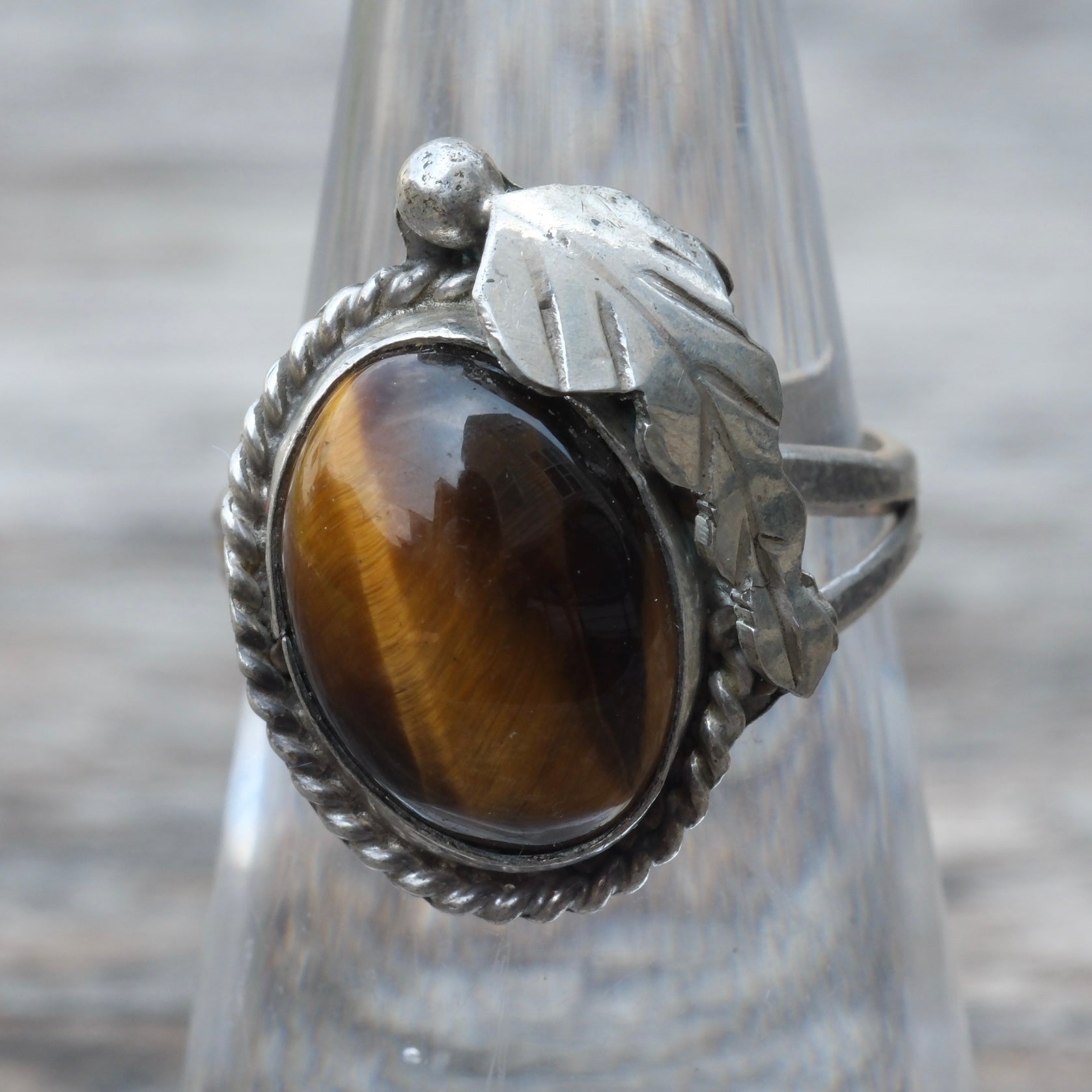Vintage Sterling Tigers Eye Feather Ring 6.25