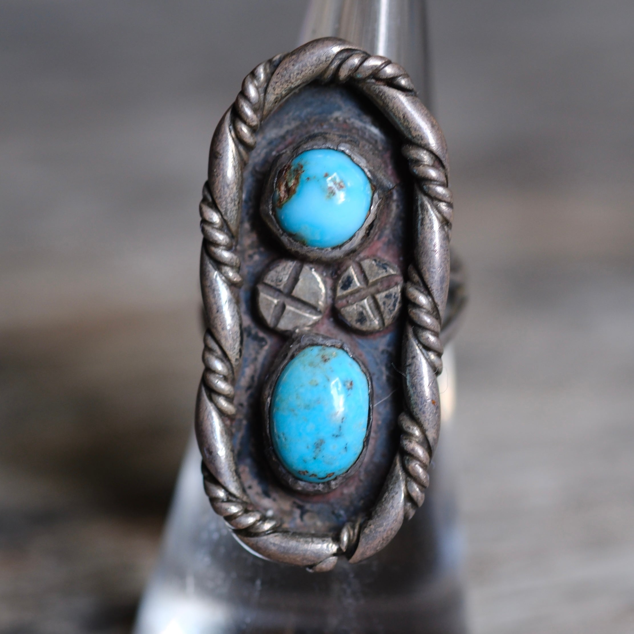 Vintage Sterling 2-Stone Turquoise Roper Ring 5.75