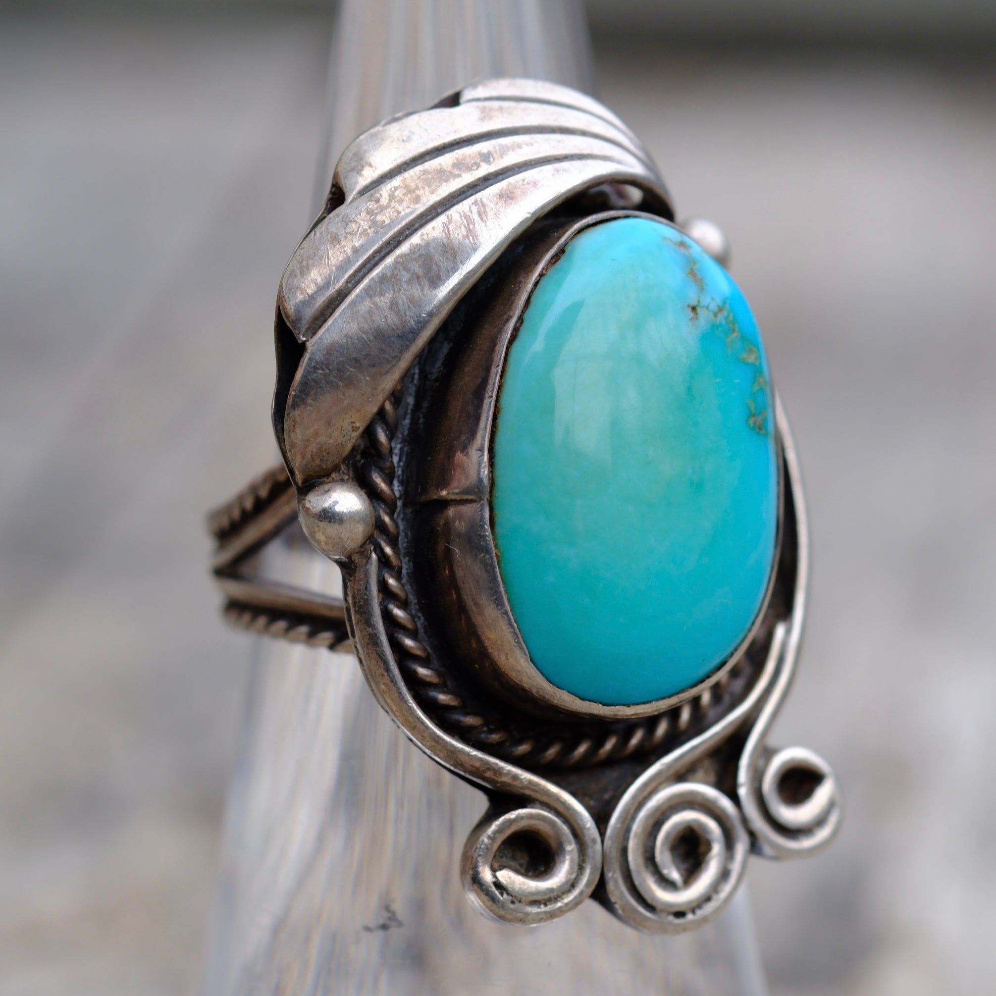 Vintage Sterling Turquoise Feather Ring 5.5