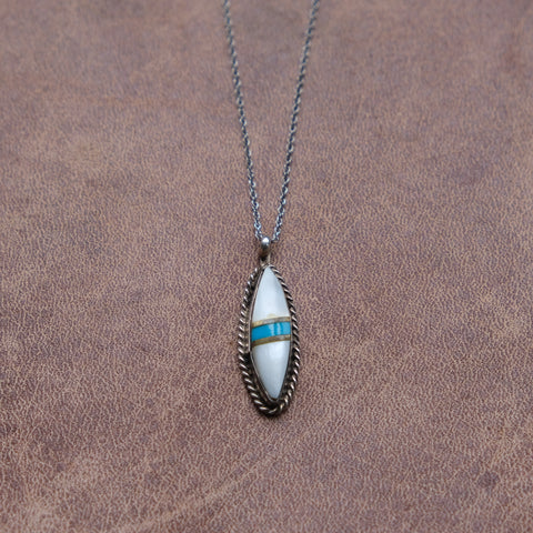 Vintage Sterling Mother Of Pearl and Turquoise Inlay Necklace