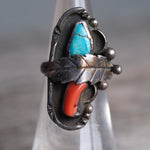 Vintage Sterling Turquoise and Coral Feather Ring 5.25