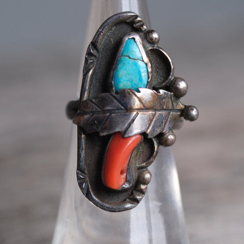 Vintage Sterling Turquoise and Coral Feather Ring 5.25
