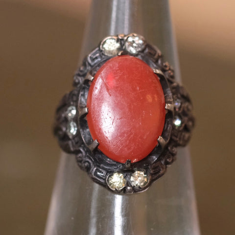 Vintage Sterling Coral and CZ Ring 5.75