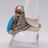 Vintage Sterling Turquoise and Coral Feather Ring 9.25